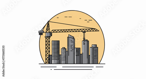 Construction crane building a modern city skyline illustration.