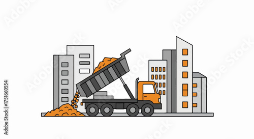 Construction Dump Truck Unloading Sand in Urban Setting.