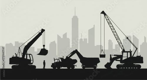 Construction Site Silhouette with Heavy Machinery and Cityscape.