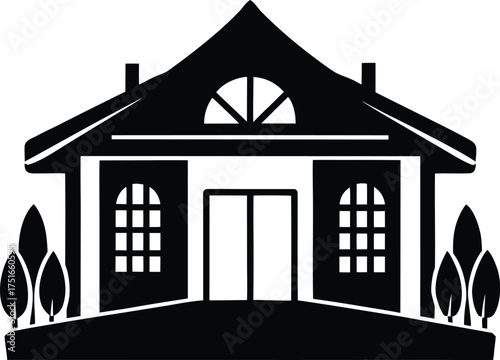 Residential home building silhouette icon with arched windows, cozy family house, property real estate symbol