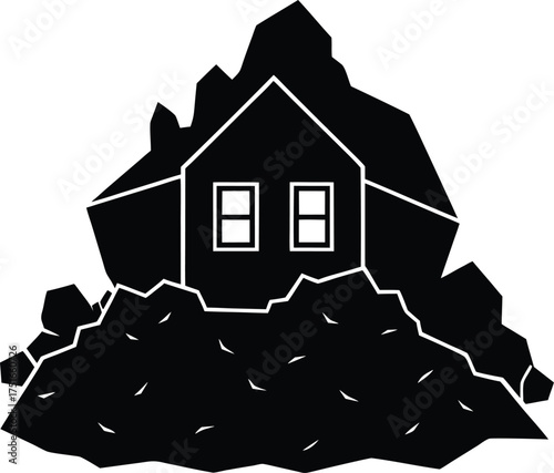 House buried under avalanche or landslide vector silhouette outline representing natural disaster emergency relief shelter