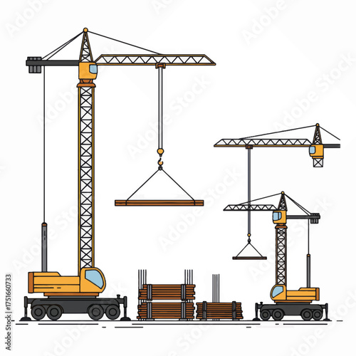 Heavy Construction Cranes Lifting Materials on a Building Site.