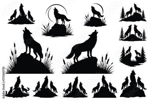 Black wolf silhouettes howling on rocks and hillsides