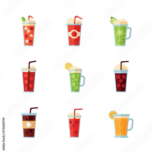 Collection of colorful cold summer drinks in flat vector style.