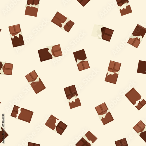Seamless pattern of various chocolate bars with different fillings, arranged on a light beige background.