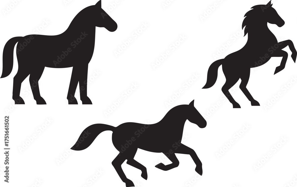 Fototapeta premium Running horse silhouette vector collection featuring black stallion and pony illustrations for wild and farm animal themes