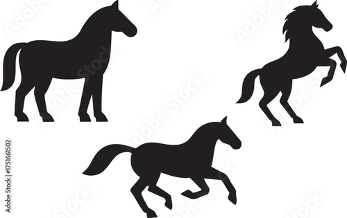 Running horse silhouette vector collection featuring black stallion and pony illustrations for wild and farm animal themes