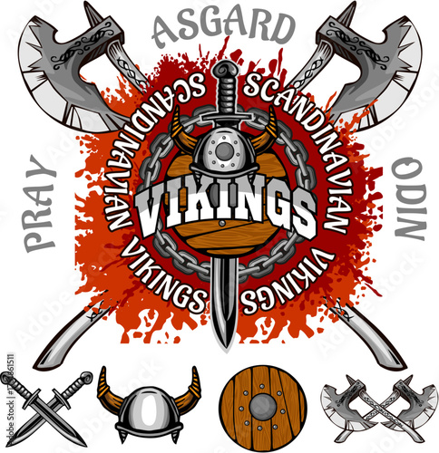 Viking Warrior Skull Mascot Logo with Crossed Axes and Shield in Grunge Style Vector Illustration Viking Theme Vector (2).eps