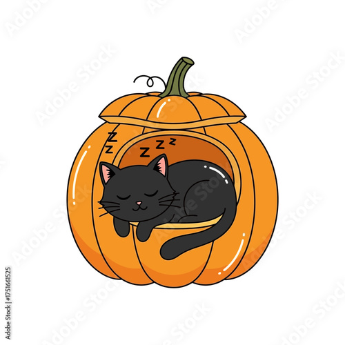 A cartoon illustration of a black cat sleeping peacefully inside a carved orange pumpkin.