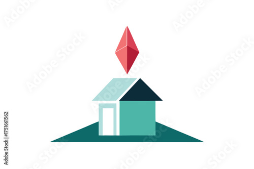 Abstract geometric illustration of a minimalist house roof with a floating crystalline shard