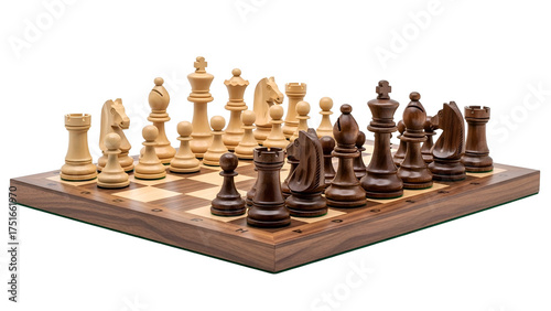 Classic chess set on wooden board, game beginning