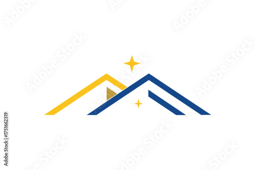Minimalist house roof illustration with two bright stars on a clean white background