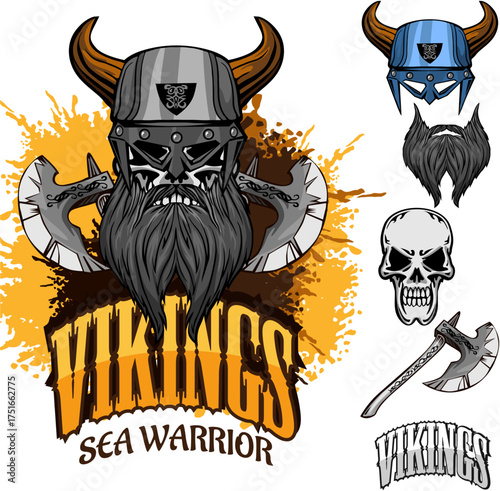 Viking Warrior Skull Mascot Logo with Crossed Axes and Shield in Grunge Style Vector Illustration Viking Theme Vector (7).eps
