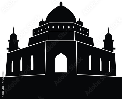 Majestic Taj Mahal Silhouette Iconic Indian Mausoleum Black Building Graphic Vector Illustration Mughal Architecture Landmark Outline