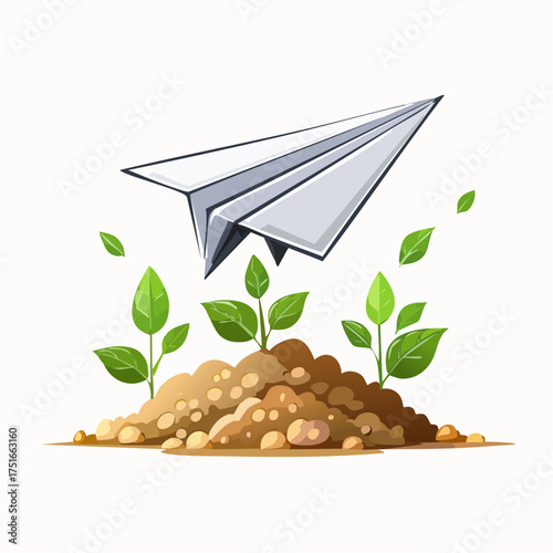 A paper airplane soars above sprouting plants emerging from a mound of soil, representing growth and potential.