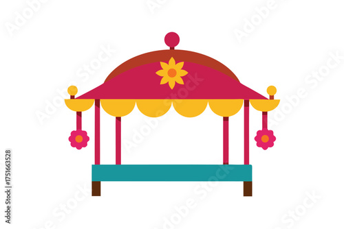 Stylized indian palki wedding carriage adorned with vibrant floral canopy and intricate details on a clean white background