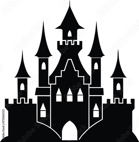 Medieval Fantasy Castle Fortress with Towers and Turrets Silhouette Icon Vector Graphic Illustration