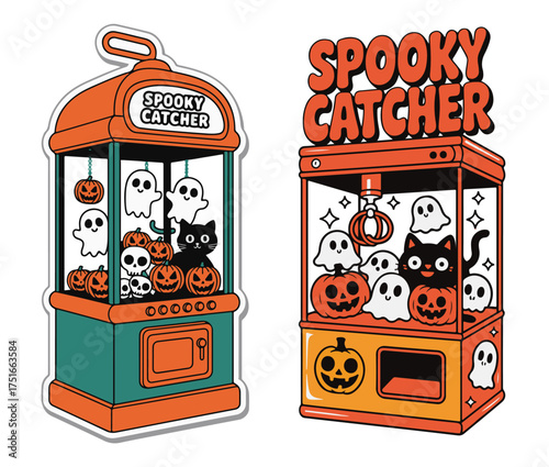 Spooky Catcher Halloween Arcade Claw Machine with Cute Ghosts, Black Cat, and Pumpkins – Fun Cartoon Vector Illustration for Stickers, T-Shirts, Posters, and Holiday Designs