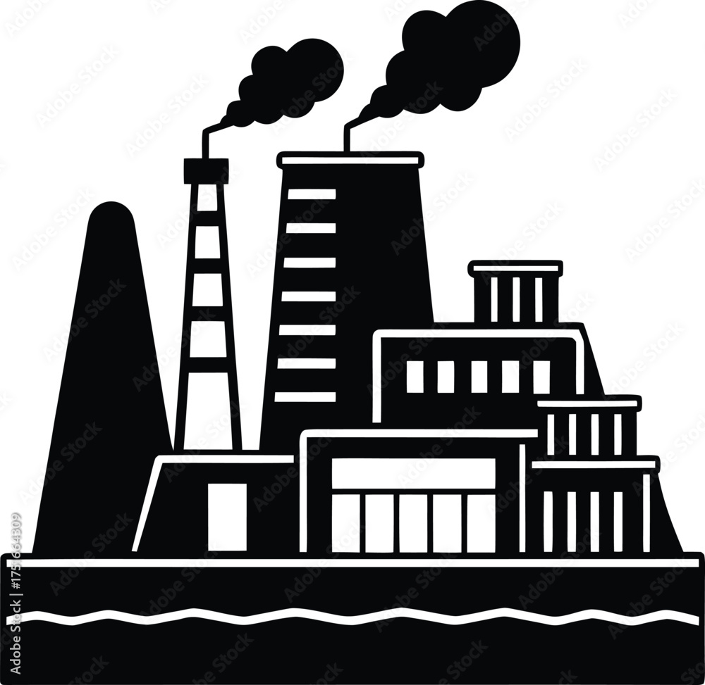 Obraz premium Industrial Power Plant Silhouette Vector Illustration Factory Building with Chimneys Smoke Environmental Pollution Icon