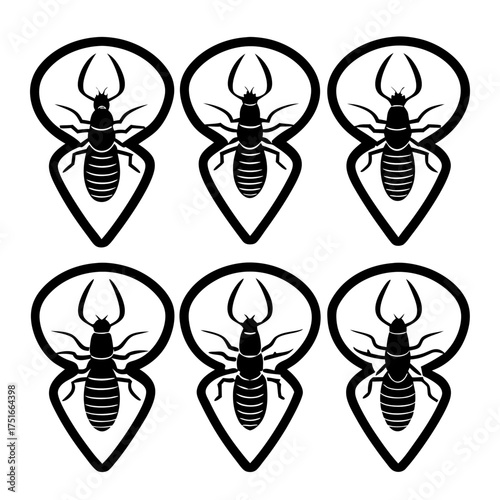 Termite icon set showing stylized termite shapes in a map pin shape
