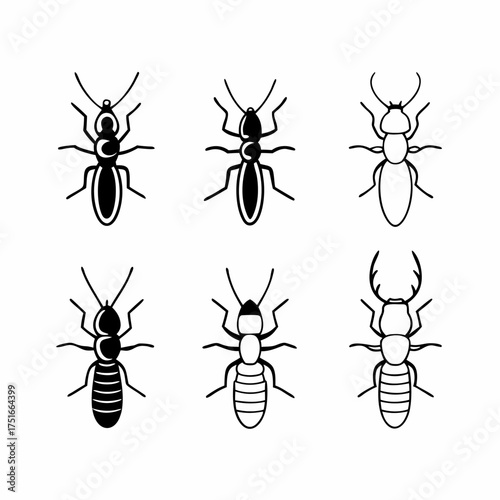 Set of ant and termite silhouettes showing different types of these insects