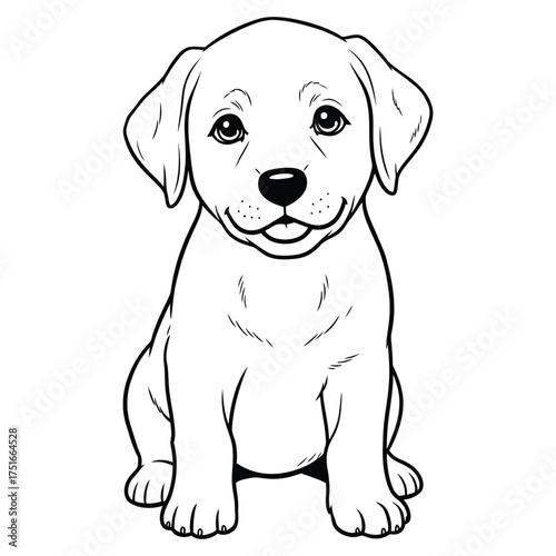 Adorable labrador puppy sitting patiently in a black and white line art illustration