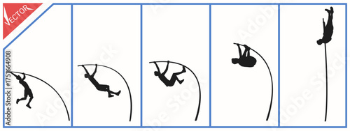 Set of silhouettes of pole vault athletes. White background. Vector illustration.