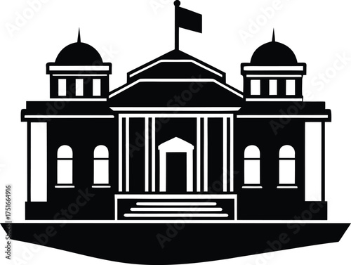 Traditional Government Building Silhouette Vector Stock Illustration Icon Black Color with Front Flagpole on Transparent Background
