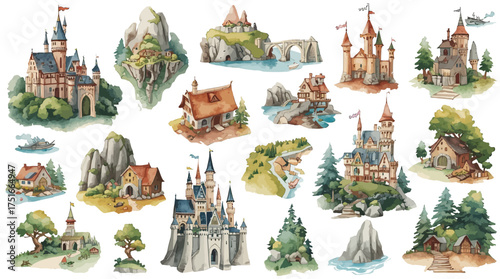 A collection of stylized isometric fantasy map icons including castles, towers, villages, bridges, and shrines