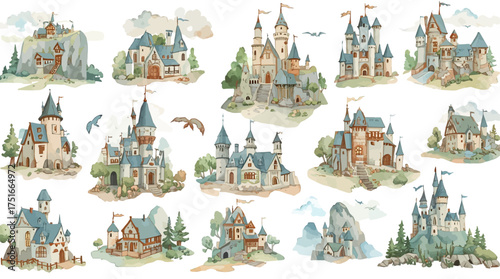 A collection of stylized isometric fantasy map icons including castles, towers, villages, bridges, and shrines