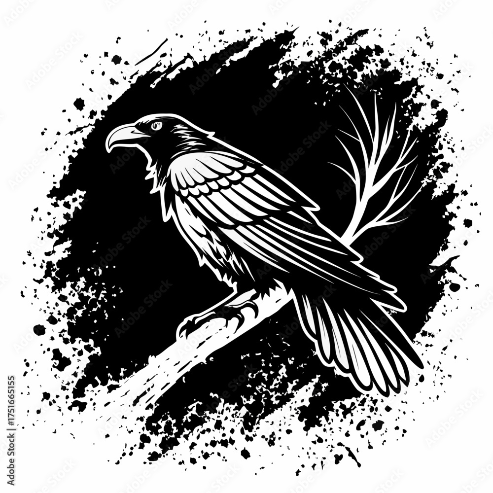 Fototapeta premium Grunge Raven Bird Silhouette Black Ink Style Vector