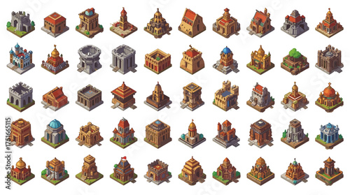 A collection of stylized isometric fantasy map icons including castles, towers, villages, bridges, and shrines