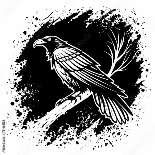 Grunge Raven Bird Silhouette Black Ink Style Vector