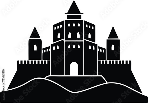 Medieval castle silhouette fortified stronghold with towers battlements and arched entrance on a hilly landscape