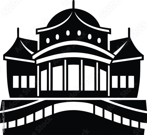Grand Building Silhouette Vector Icon Over Arch Bridge Opera House Theater Hall Architecture Black Illustration