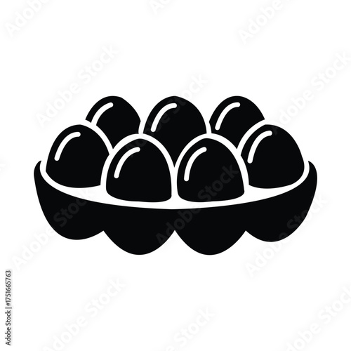 Black silhouette displays seven eggs nestled neatly within a simple container, transparent background