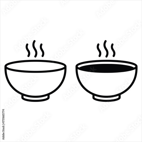 Two bowls of soup one empty and one full with steam rising in a simple line drawing