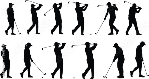 Golf player silhouettes vector set with swing poses, golfer action, putting, driving, teeing off, athletic sport, hobby illustration design