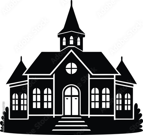 Grand Southern Colonial Church Building Silhouette Icon. Traditional Old American Style House of Worship with Steeple and Spire