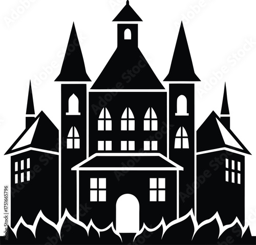 Ornate Castle Palace Building Silhouette Icon. Intricate Old World Fortress Exterior Flat Vector Graphic Illustration