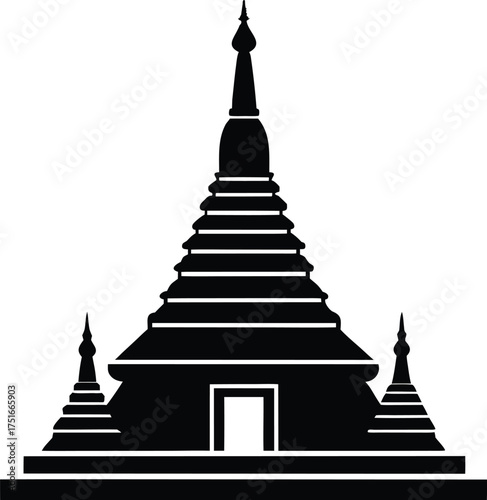 Ancient Southeast Asian temple pagoda silhouette vector design. Traditional Buddhist stupa graphic icon. Myanmar spiritual landmark vector illustration. Black religious structure symbol
