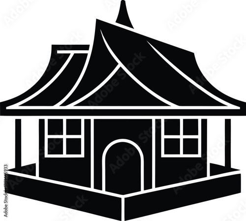 Traditional asian style house with distinctive roof and open porch cultural architecture silhouette illustration vector
