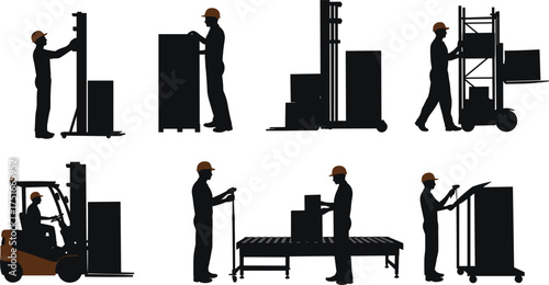 Warehouse worker silhouettes vector set with forklift, pallet jack, conveyor belt, safety gear, logistics teamwork, industrial labor, cargo handling illustration design