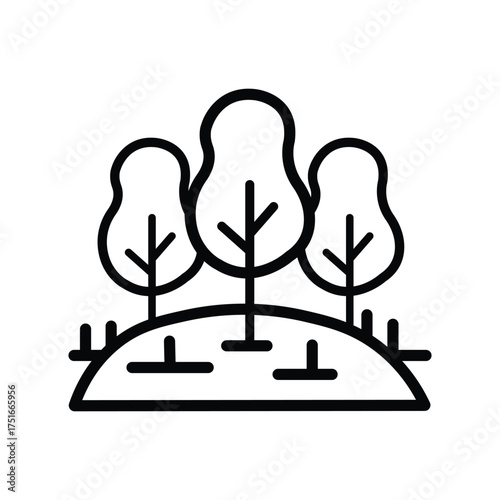 Line drawing shows grove of trees atop hill in black and white