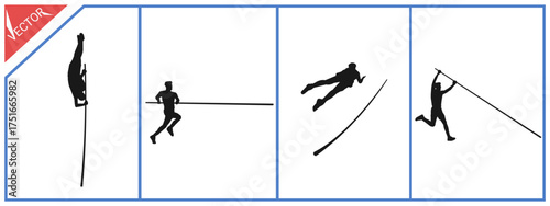 Set of silhouettes of failed pole vaulters on white background.Vector illustration.