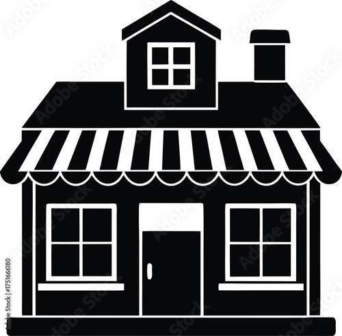 Charming Small Shop or Boutique Store Silhouette Vector Graphic Retail Building with Awning for Business Commerce Designs