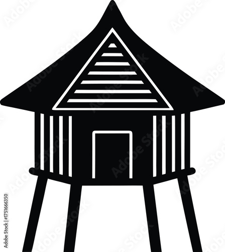 Traditional stilt house silhouette vector illustration simple rustic home design isolated on transparent background