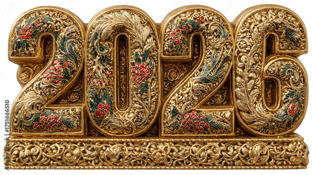 Naklejka premium Ornate golden 2026 sculpture with floral details a luxurious decorative piece perfect for new year celebrations and elegant home decor themes