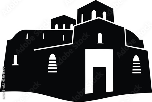 Ancient Orthodox Monastery Vector Illustration Black Silhouette Byzantine Church Complex Historical Religious Architecture Graphic