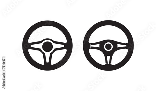 Two black steering wheels isolated on a white background